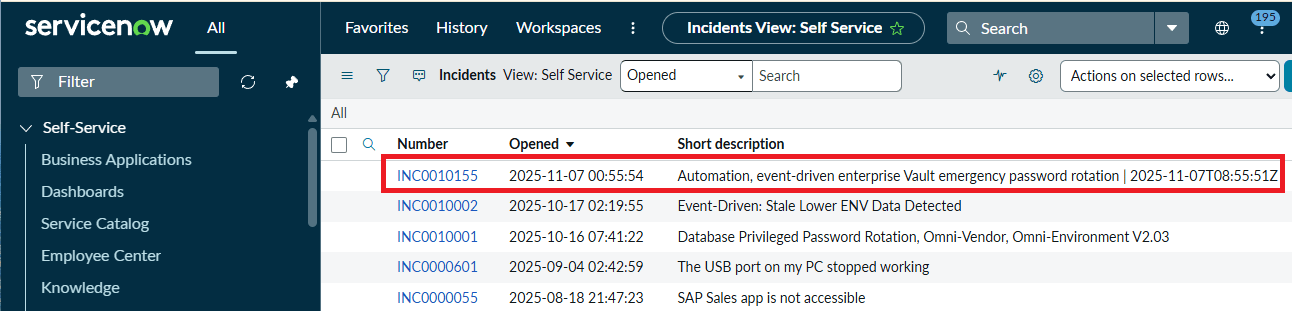 A password rotation incident opened by hyper automation